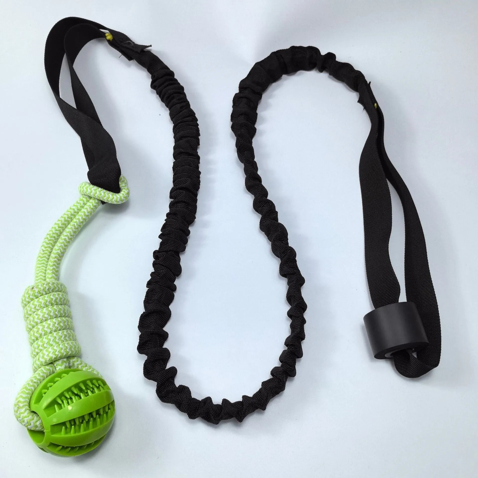 Green cotton dog tug-of-war rope toy with corncob or teether ball design for indoor outdoor play