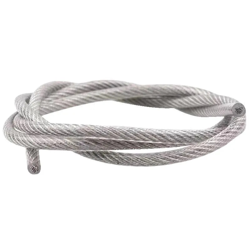 304 stainless steel multi-strand security wire rope on a white background, showing its thin, coated profile.