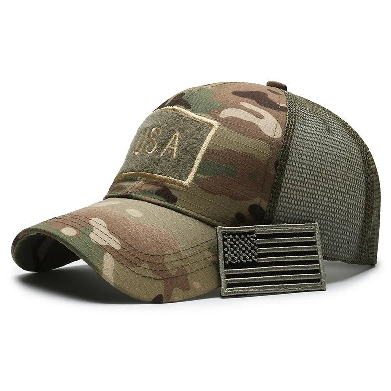 Adjustable Velcro outdoor baseball hat in tactical camouflage pattern with dome crown