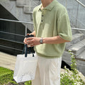 Men's knitted polo shirt short sleeve in caramel colour with asymmetric detailing and loose fit design