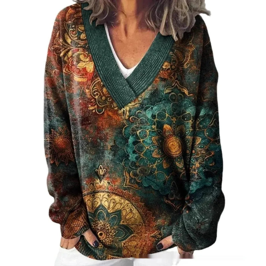 Women's V-neck sweatshirt with 3D floral pattern in art retro style