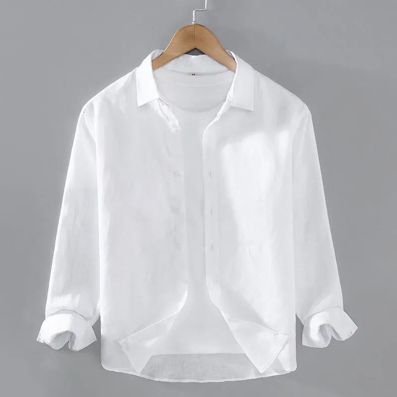 Men's pure linen cardigan-style shirt in solid colours showing long sleeves and simple design