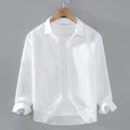 Men's pure linen cardigan-style shirt in solid colours showing long sleeves and simple design