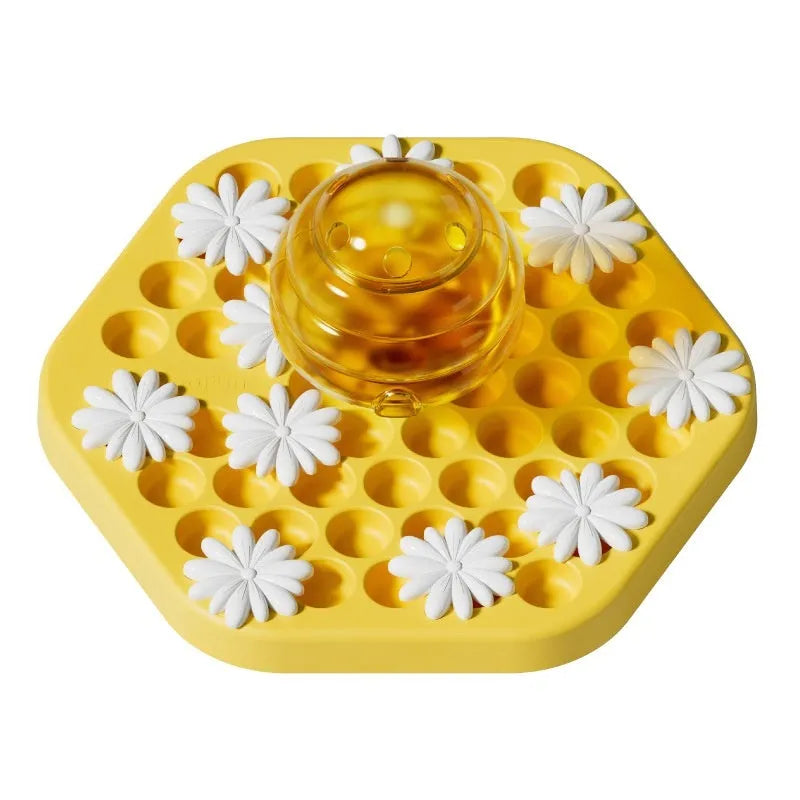 Honeycomb puzzle dog slow feeder in medium yellow or grey white plastic pet toy