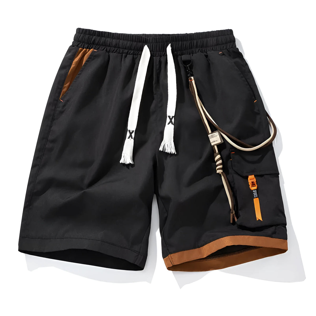 Men's plus size bamboo fibre sports shorts in a loose, cropped straight-leg style on a hanger.