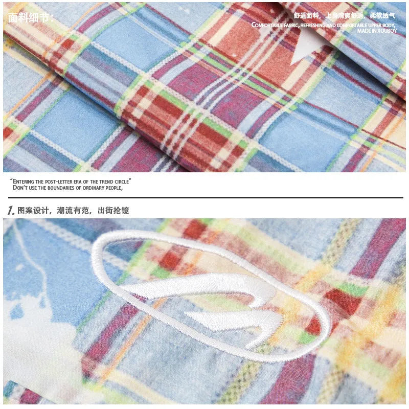 Men's blue plaid casual trousers with loose straight-leg design and mid-waist fit
