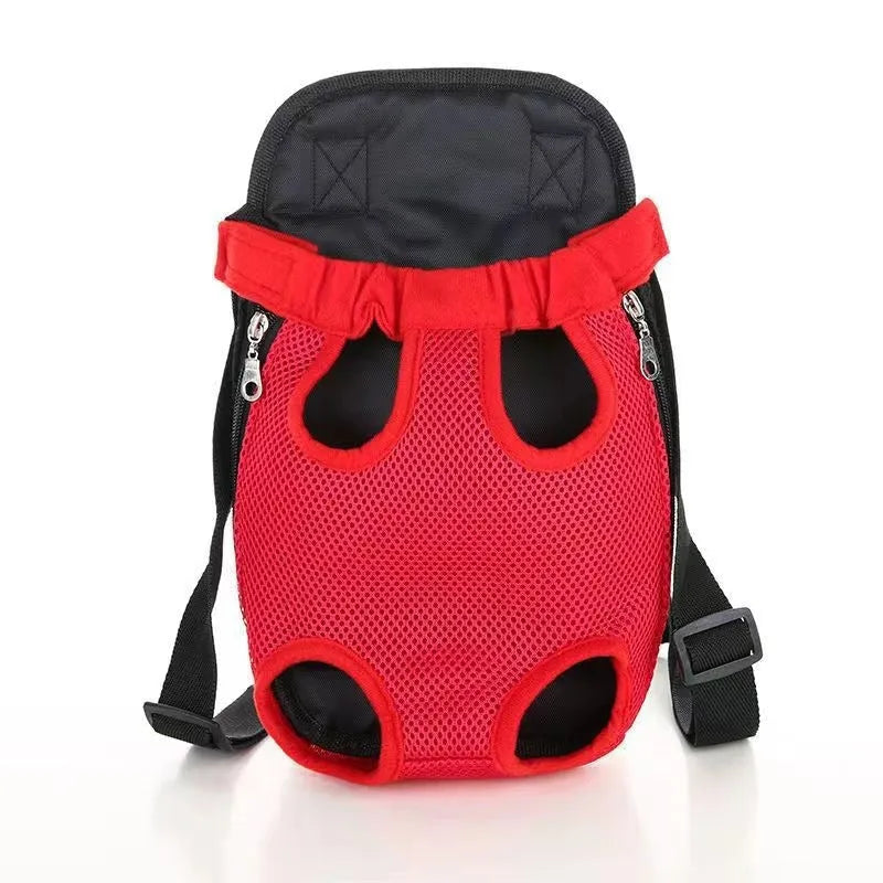 Adjustable nylon dog carrier backpack worn on front, showing mesh panels and open-top design for a small dog.