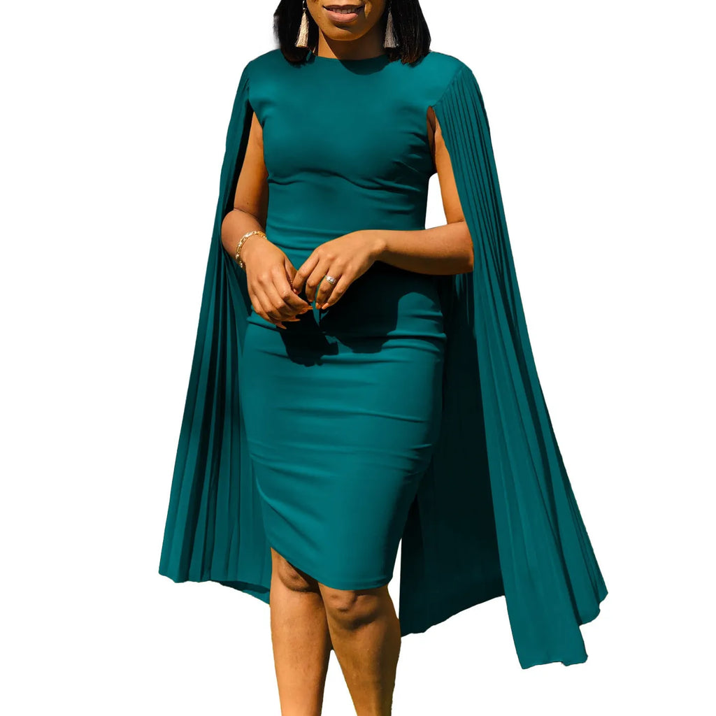 Long sleeve evening gown with pleated shawl collar and high waist in yellow, orange, red or green