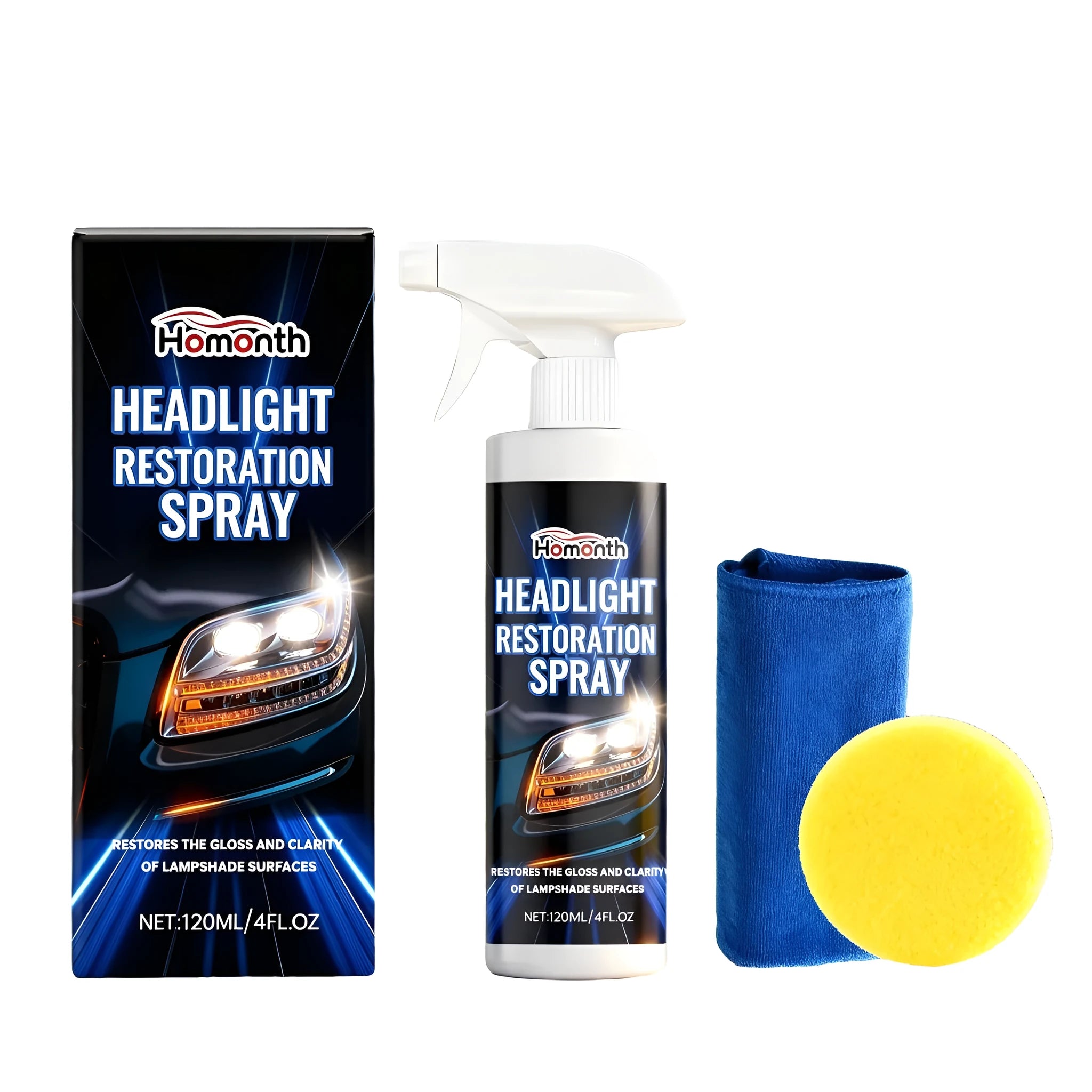 HOMONTH 120ml headlight restoration spray bottle with sponge and towel