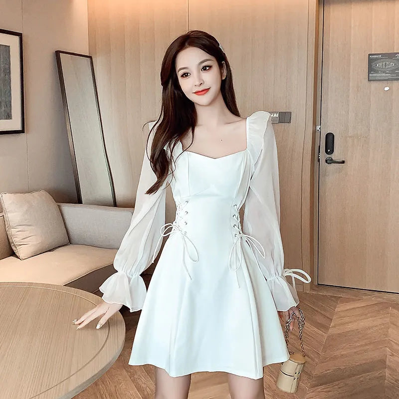 White women's chiffon patchwork dress with waist-slimming design and long sleeves