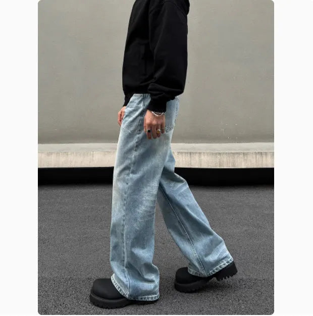 Men's blue straight jeans with retro whisker washing and flared leg style