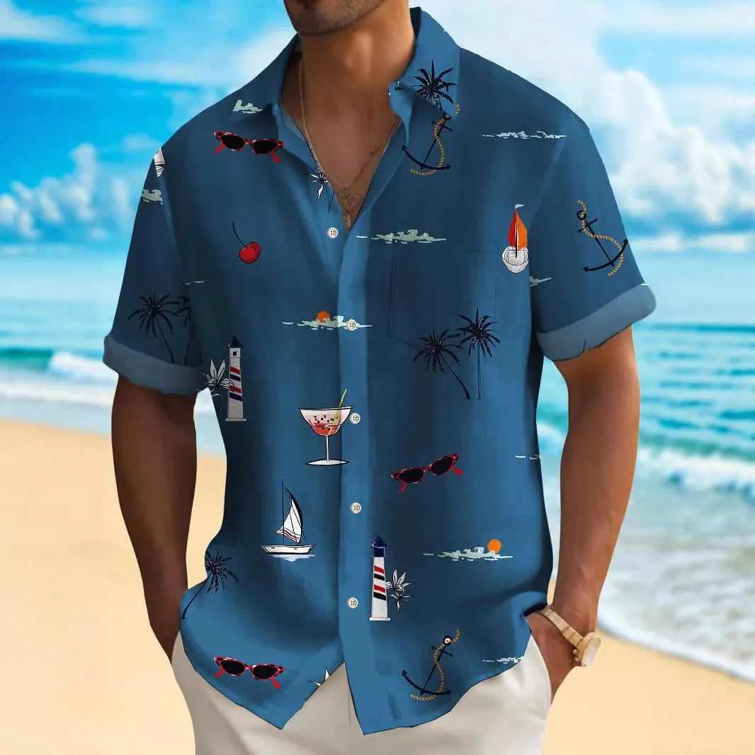 Man wearing a colourful digital print Hawaiian shirt with short sleeves and a loose fit.