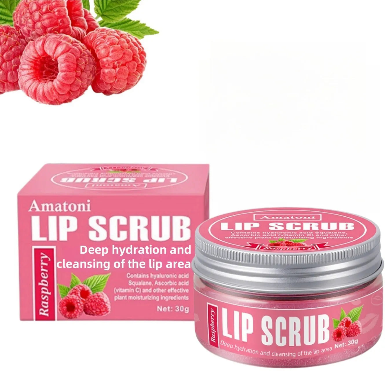 Amatoni fruit flavour lip scrub cream in 30g pot with coconut, raspberry, vanilla or watermelon options