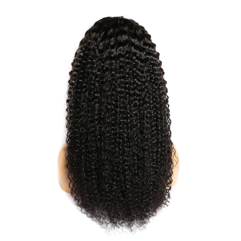 Curly human hair lace front wig on a mannequin head, showing natural hairline and long curls.