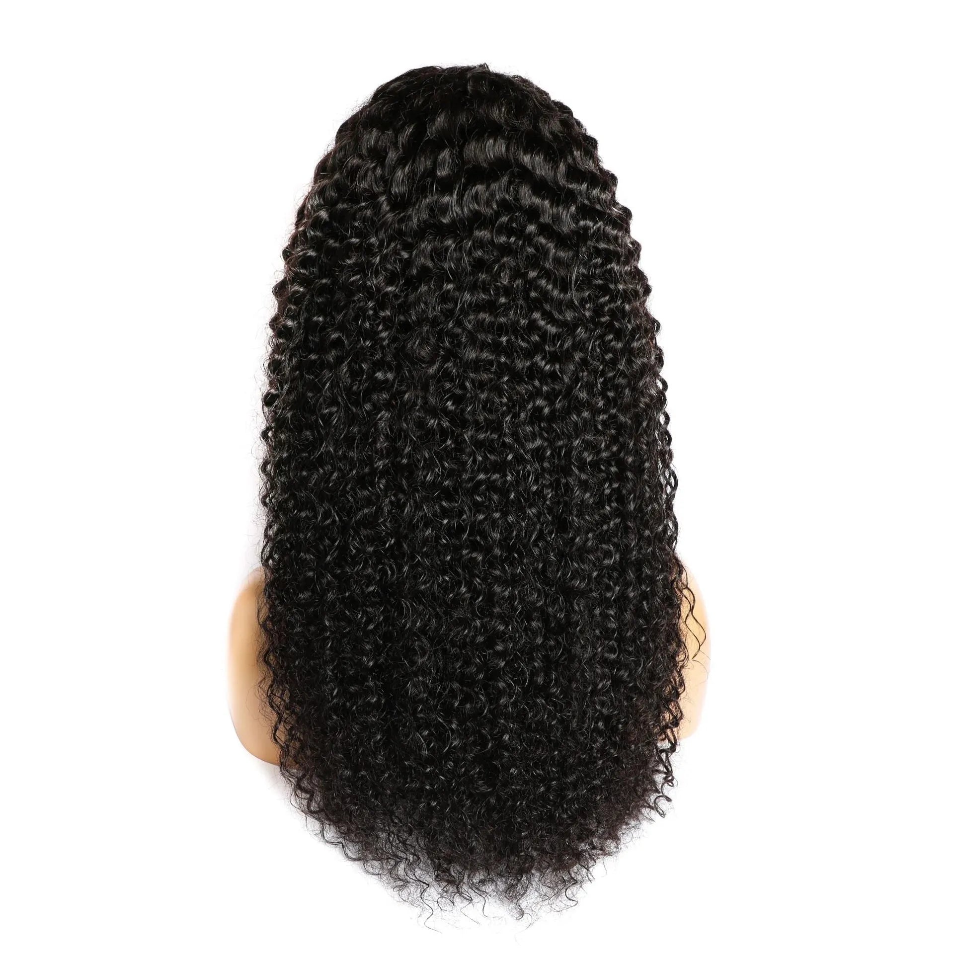 Curly human hair lace front wig on a mannequin head, showing natural hairline and long curls.