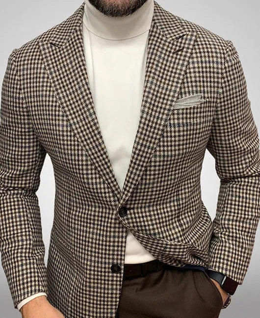 Men's slim-fit two-button suit jacket in a British style with large top-stitch pockets.
