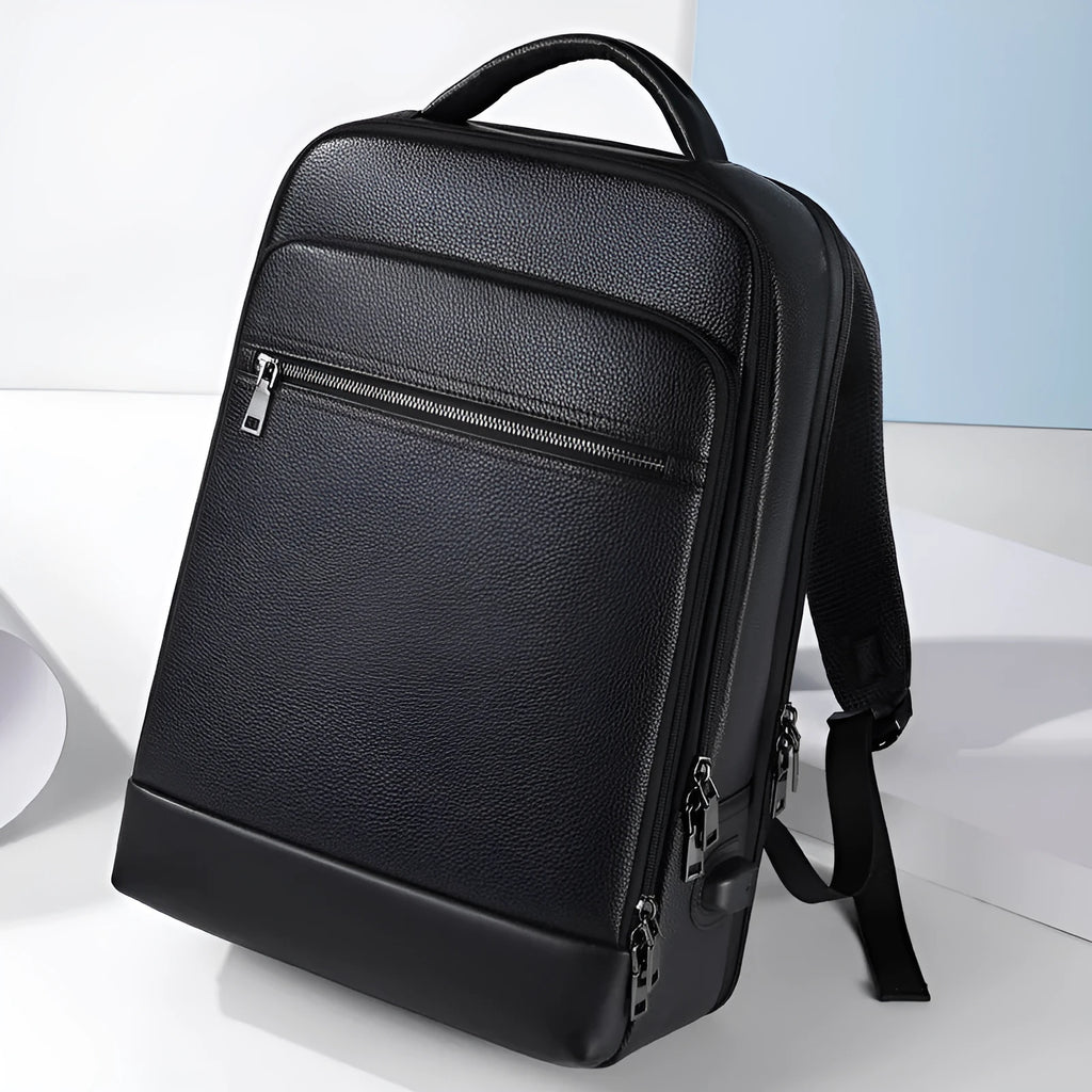 Black genuine leather men's business backpack with curved shoulder straps and visible sewing lines