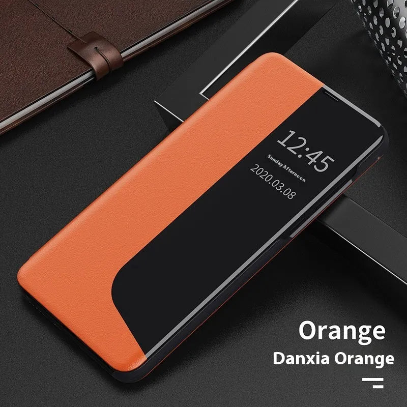 Magnetic side window phone case with flip bracket for Huawei Honor in Still Night Black PC leather