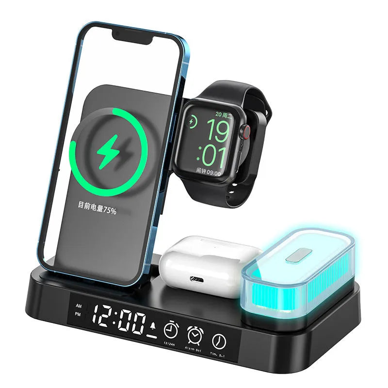 White 4-in-1 wireless charging station with foldable phone stand, LED clock display, and Apple Watch cable.