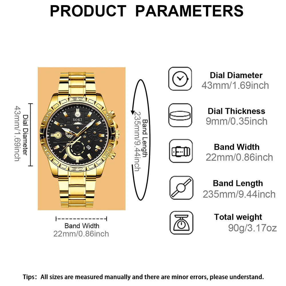 Men's gold stainless steel business quartz watch with calendar display on dial