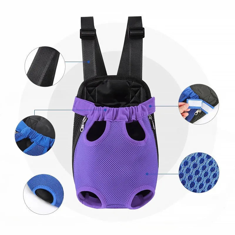 Adjustable nylon dog carrier backpack worn on front, showing mesh panels and open-top design for a small dog.