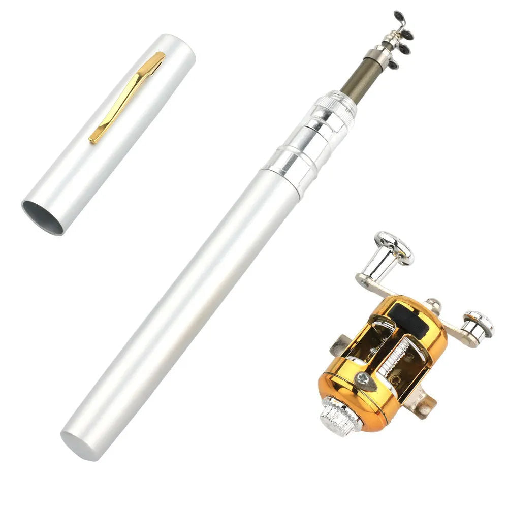 Gold telescopic pocket fishing rod extended to 1m next to its 20.5cm collapsed form and ST5RL spinning reel.