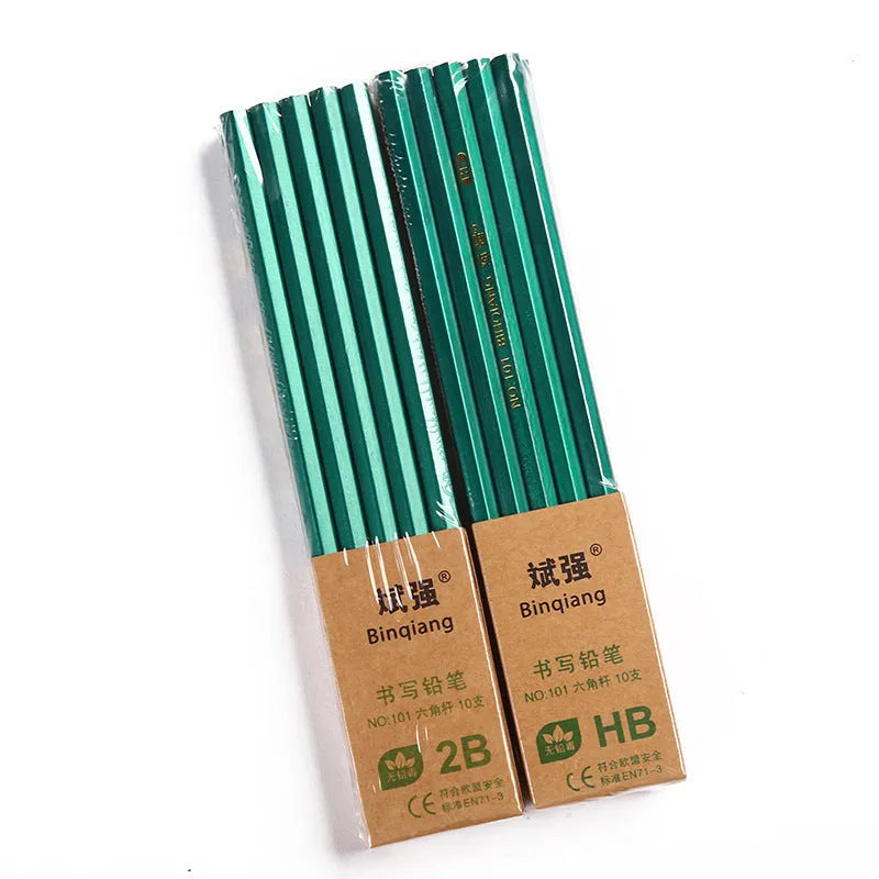 Box of ten green hexagonal wooden pencils with HB and 2B graphite grades for sketching.
