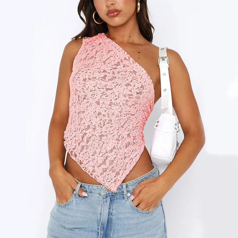 Women's lace backless vest top with asymmetrical neckline in solid colour options