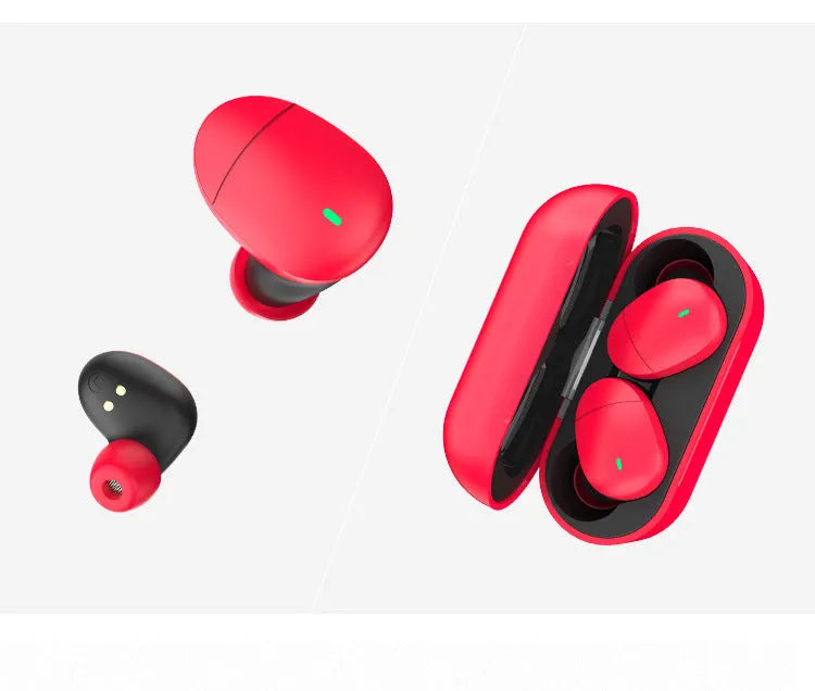 Flame red Qualcomm Bluetooth 5.2 headset with earplug design and charging cable