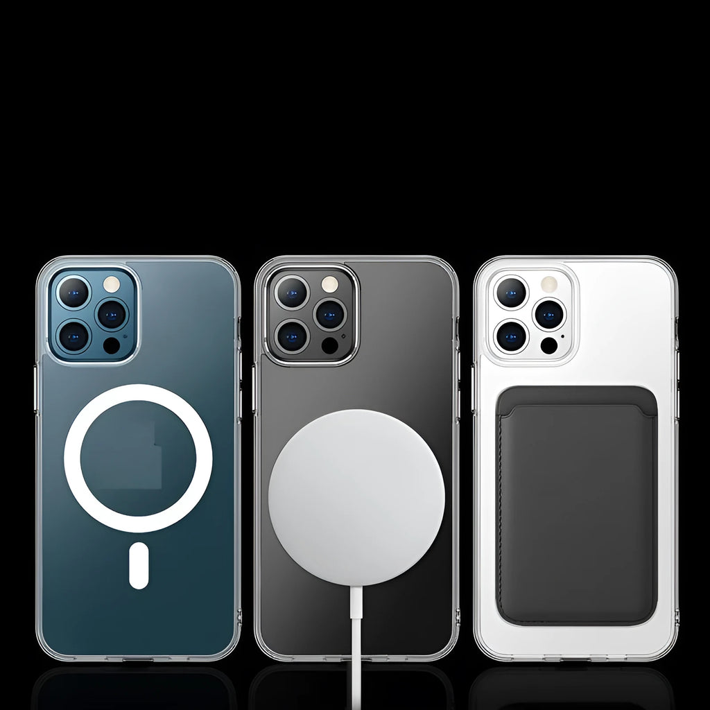 Transparent magnetic back cover case for iPhone on a wireless charging pad