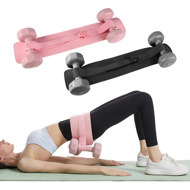 Black fitness training belt with auxiliary straps for weighted hip bridge exercises