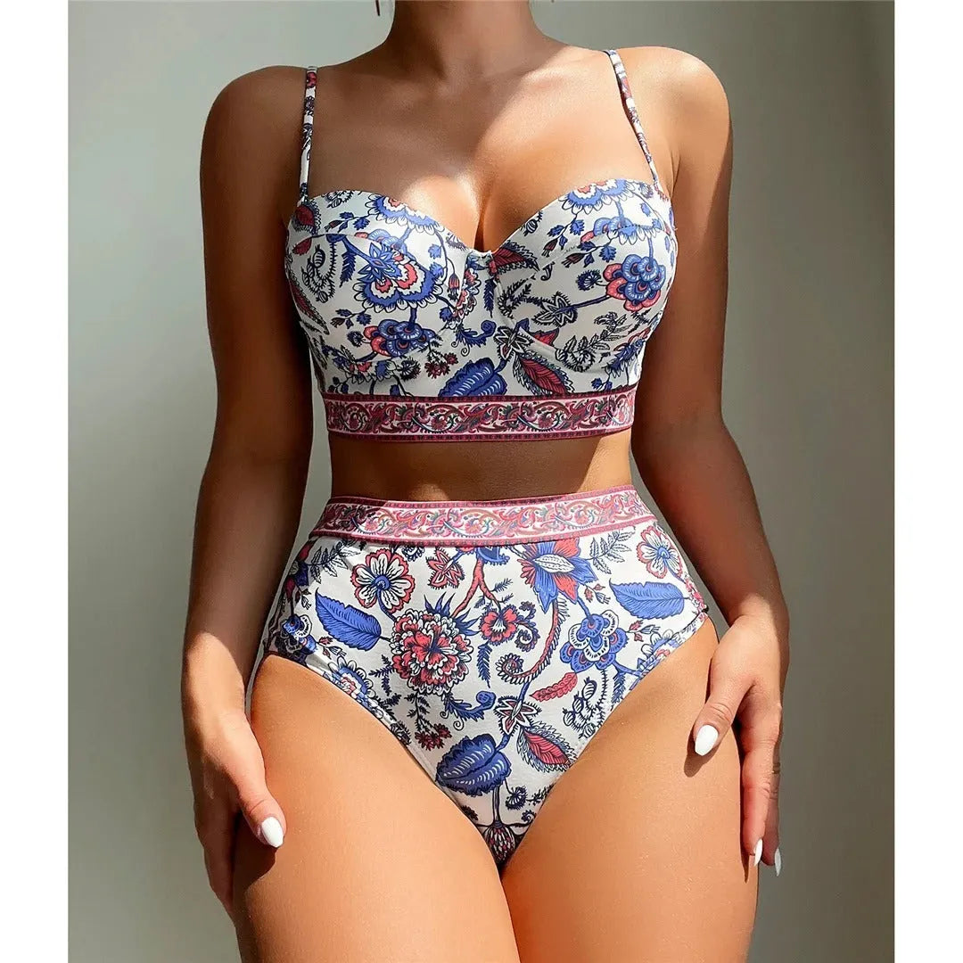 Blue women's high waist bikini with push-up top on a mannequin.