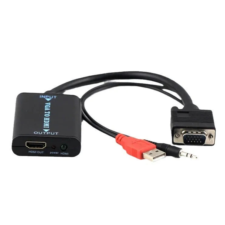 Black VGA to HDMI female converter with USB power cable and 3.5mm audio jack
