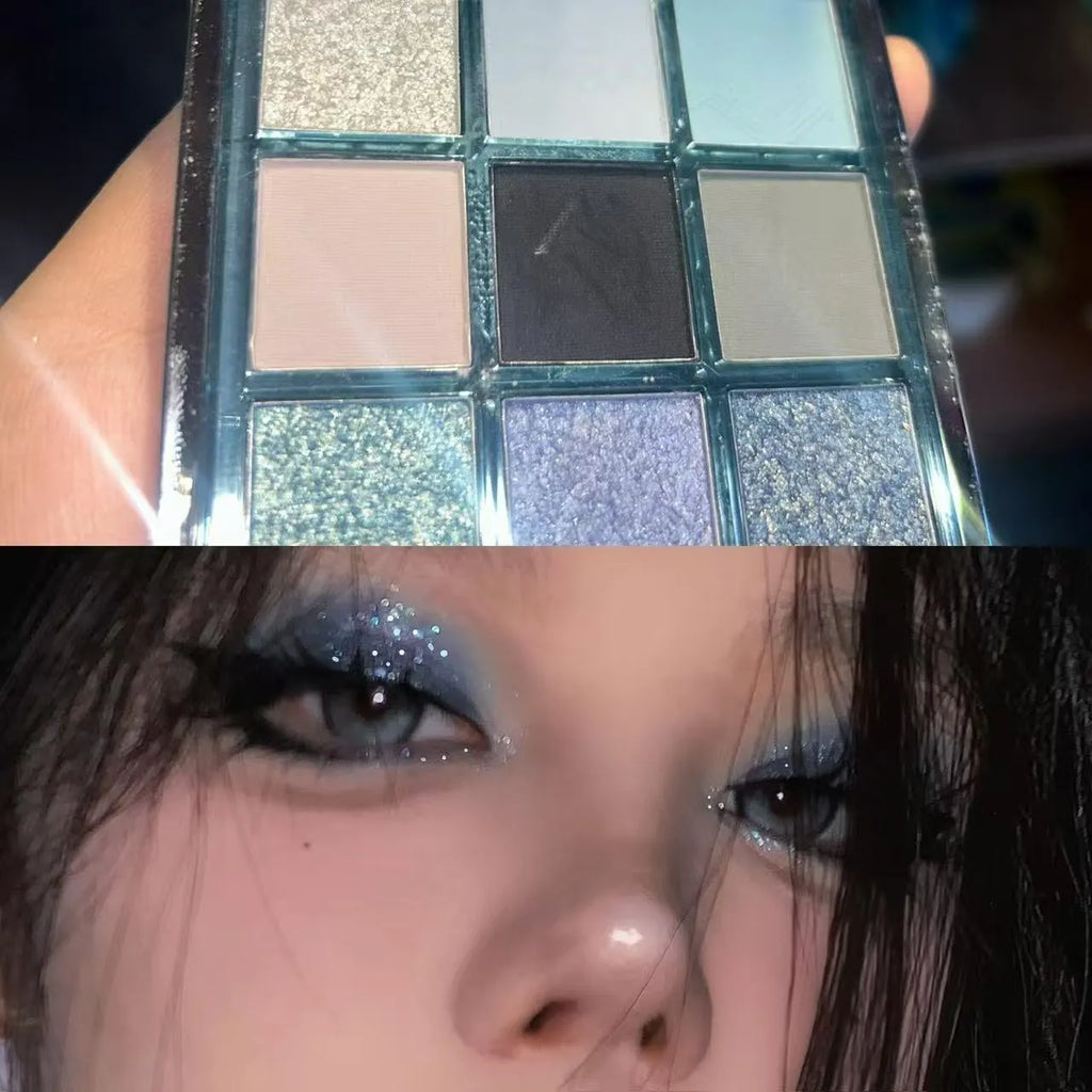 MUGELEEN 08 nine-colour eye shadow palette showing low saturation blue smoked and earth tones