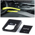 Black magnetic GPS tracker device measuring 35x20x14mm with USB charging cable for vehicle and personal tracking