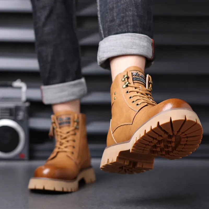 Men's brown leather high-top Martin boots with side zipper and round toe.