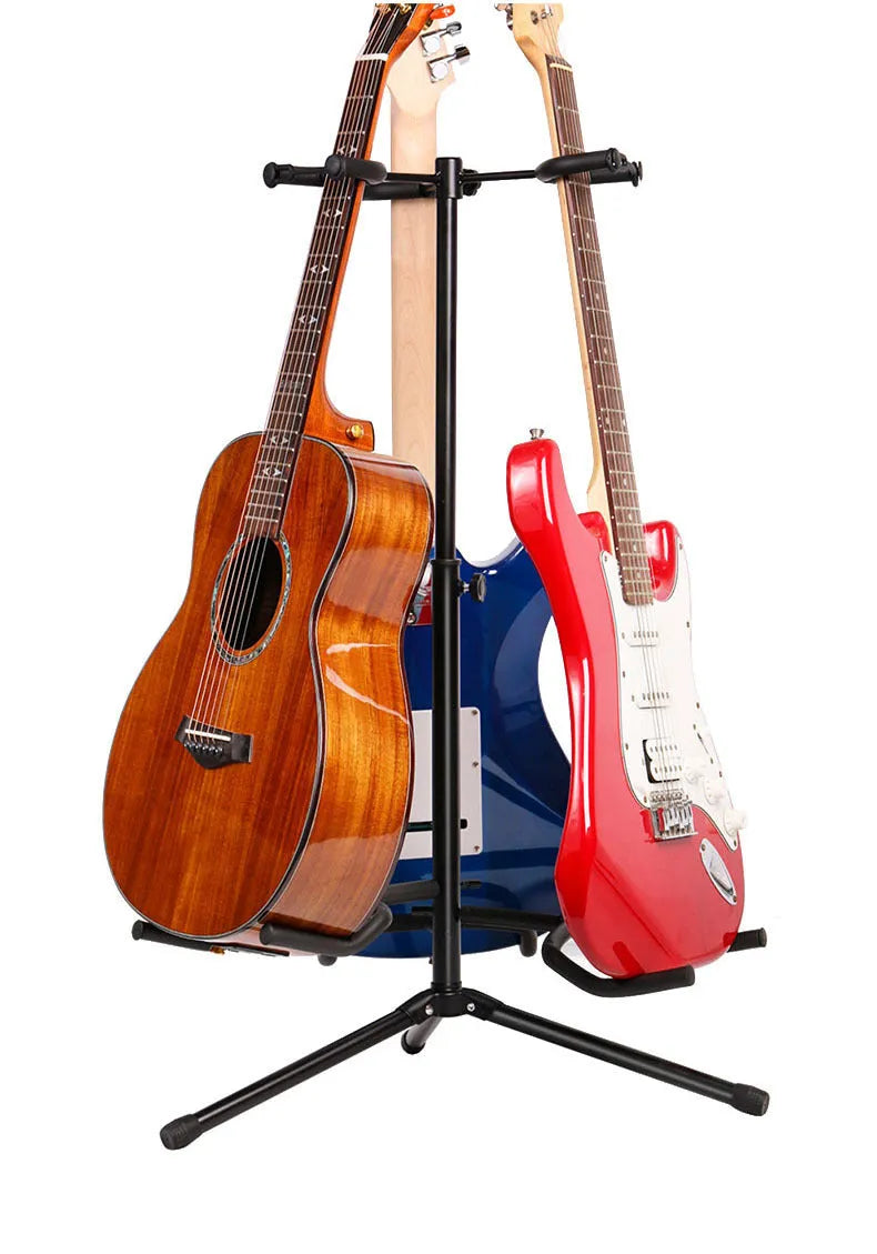 Black iron vertical double-headed adjustable guitar stand for acoustic and electric instruments