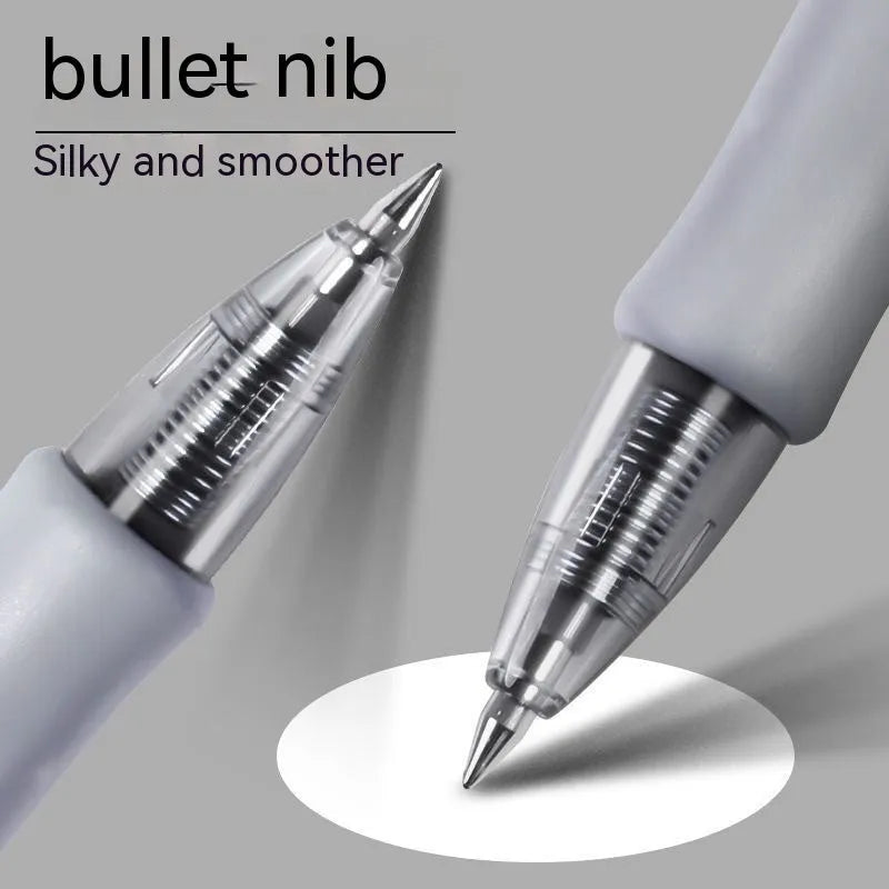 A plastic gel pen with a 0.5mm fine tip, shown in neutral colour with black, blue, and red ink refill options.