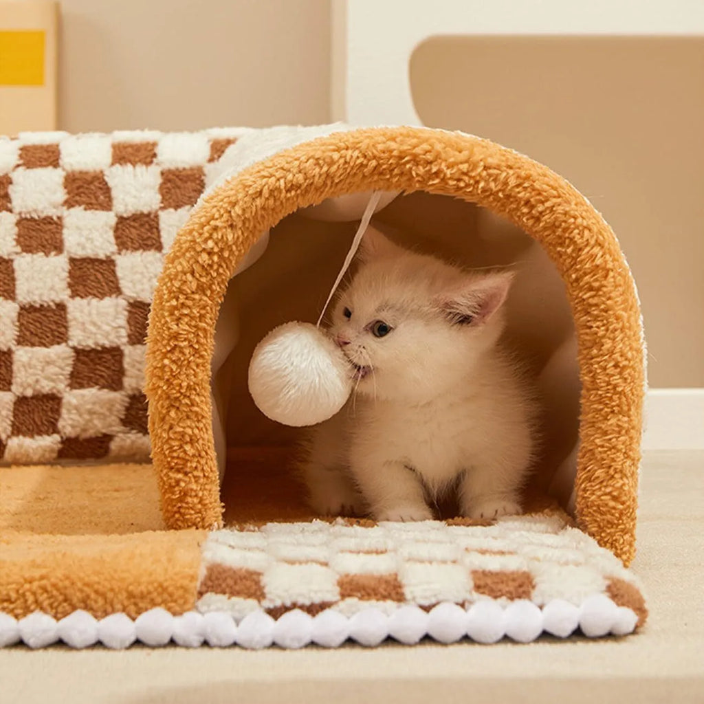 Fan-shaped plush pet bed with integrated tunnel for cats and dogs in Coffee colour, showing thick mat and anti-slip base.