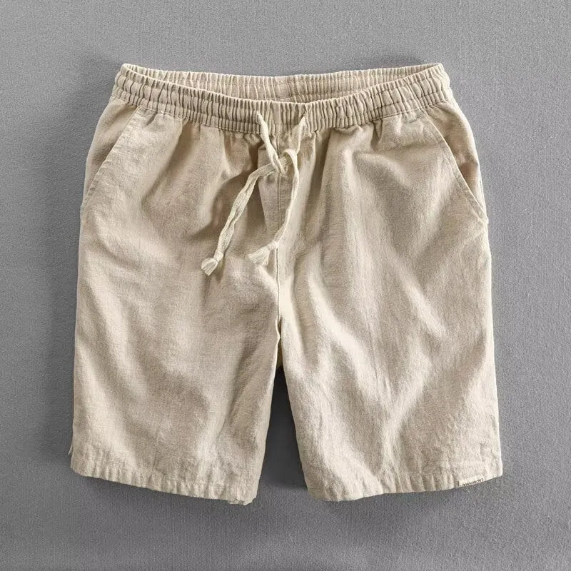 Ramie beach casual shorts in straight-leg design with cotton-linen fabric and micro-elastic waistband
