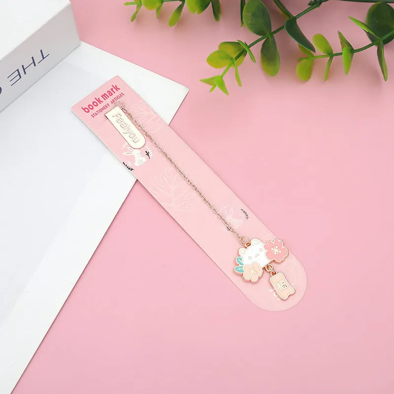 Cute cartoon metal bookmark pendant featuring a cherry cat or sakura rabbit design with sakura blossoms or a fu character.