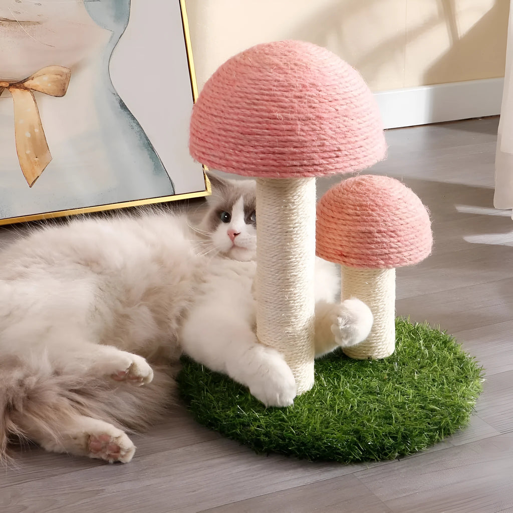 Pink mushroom cat scratching post with natural sisal caps and pole for small cats