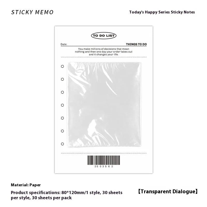 Happy Series message sticky notes pad with 30 pages of writing paper in 120x80mm size featuring transparent white and toast designs