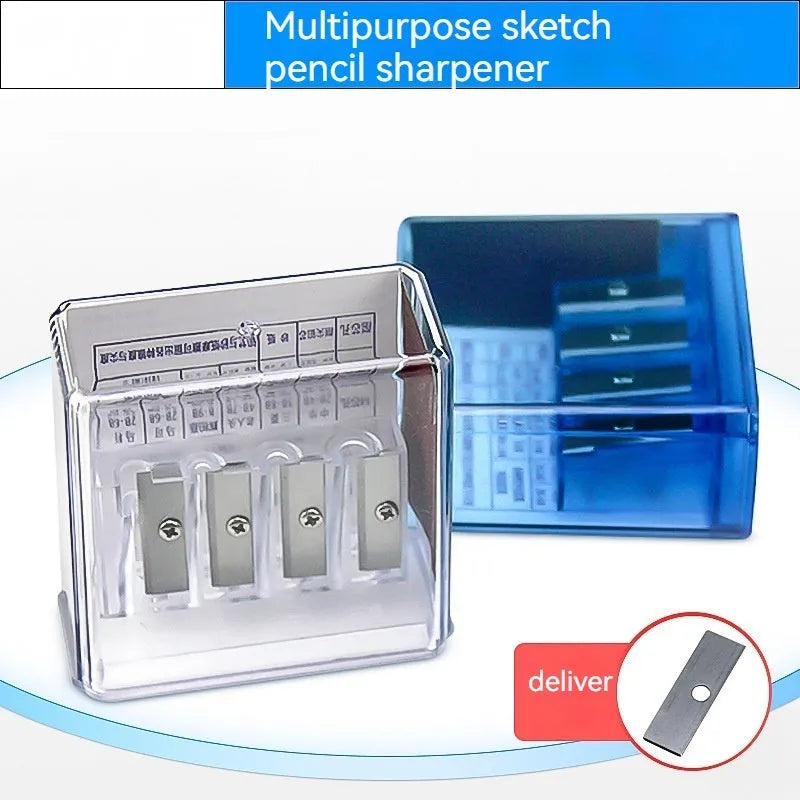Geometric plastic pencil sharpener with four holes and screwdriver tool