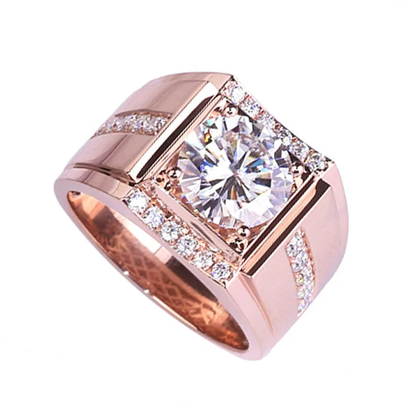 Men's adjustable copper ring with a high carbon diamond zircon stone in rose gold finish.