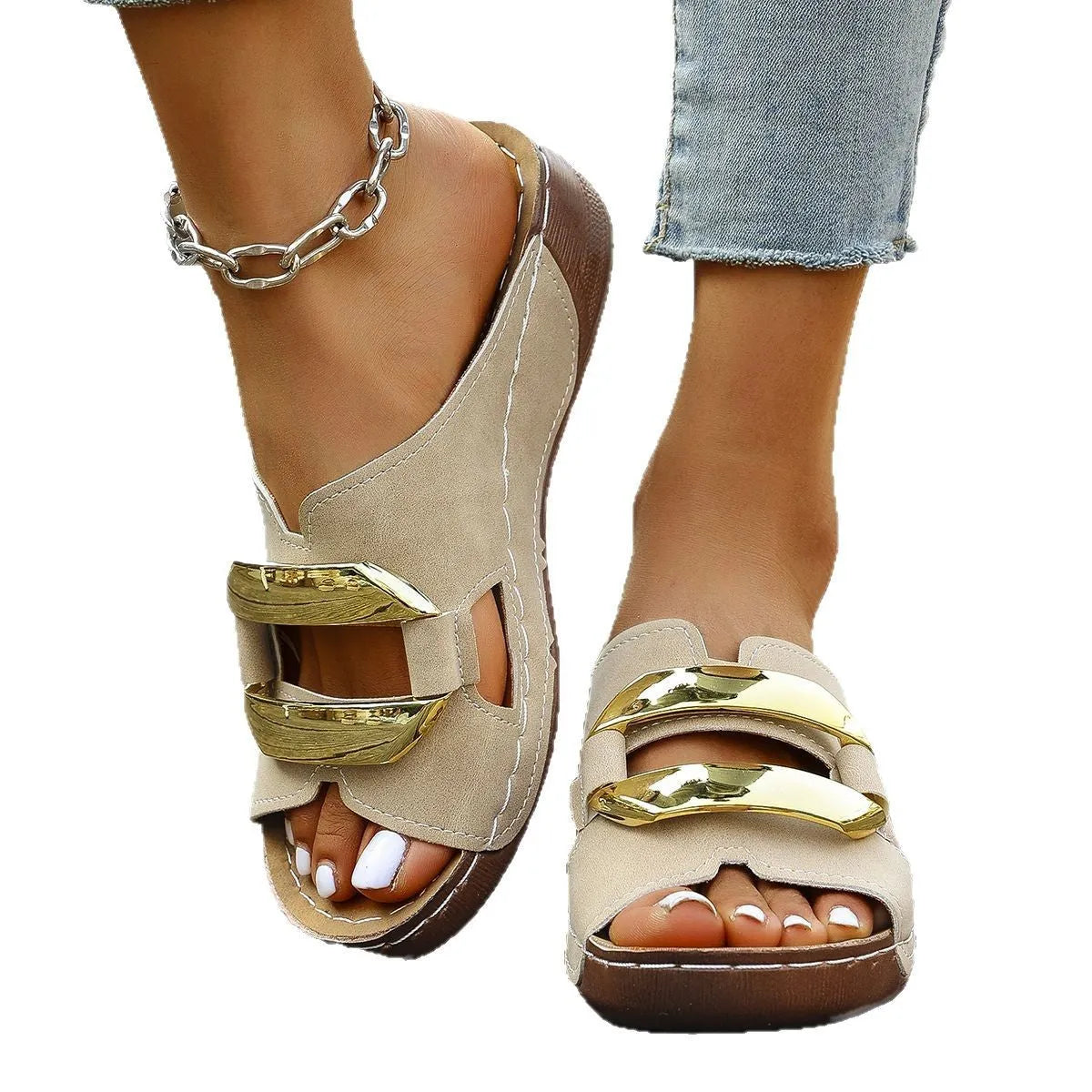 Men's white Roman-style platform sandals with a flat rubber sole and decorative metal details on the strap.