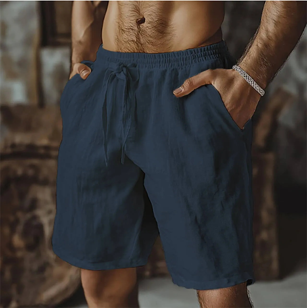 Men's straight leg casual shorts in cotton linen blend, shown in grey, with a British style fit.