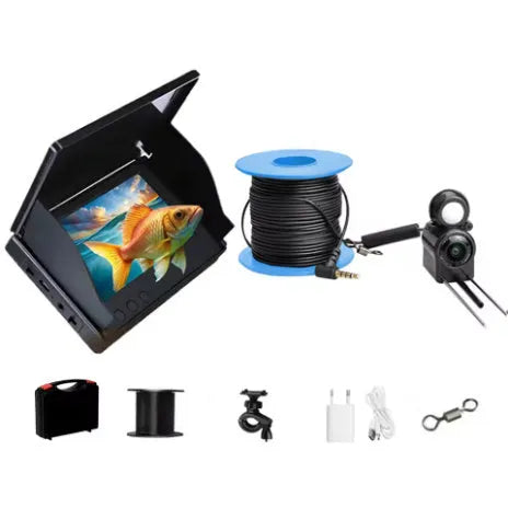 Underwater fish finder camera with 4.3-inch IPS screen, wide-angle lens, and night vision lights on a fishing boat.