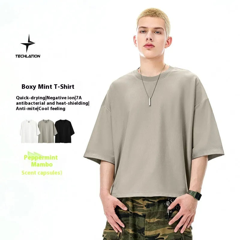 Men's loose fit short sleeve pullover in sand grey casual wear