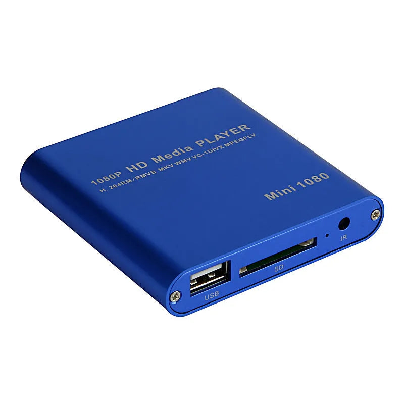 Blue and black 1080P HDMI media player for SD cards and USB drives